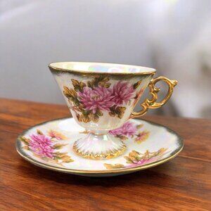 VTG November Chrysanthemum Footed Teacup Saucer Pink Floral Iridescent Cottage